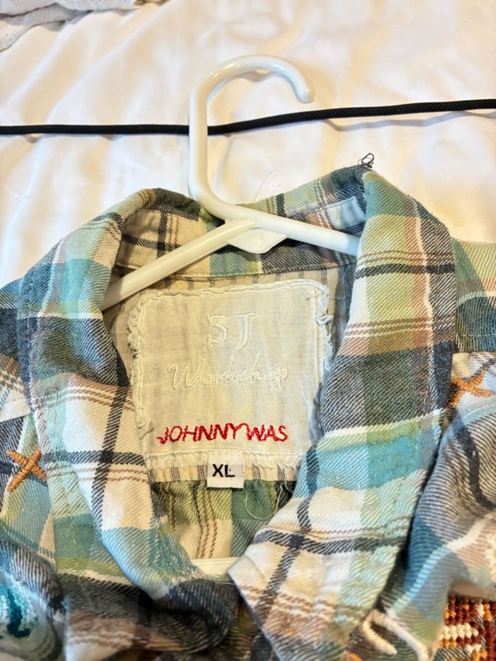 Johnny Was Flannel Plaid Button-Up in Teal, Green, Cream, Gray - Picture 5 of 6